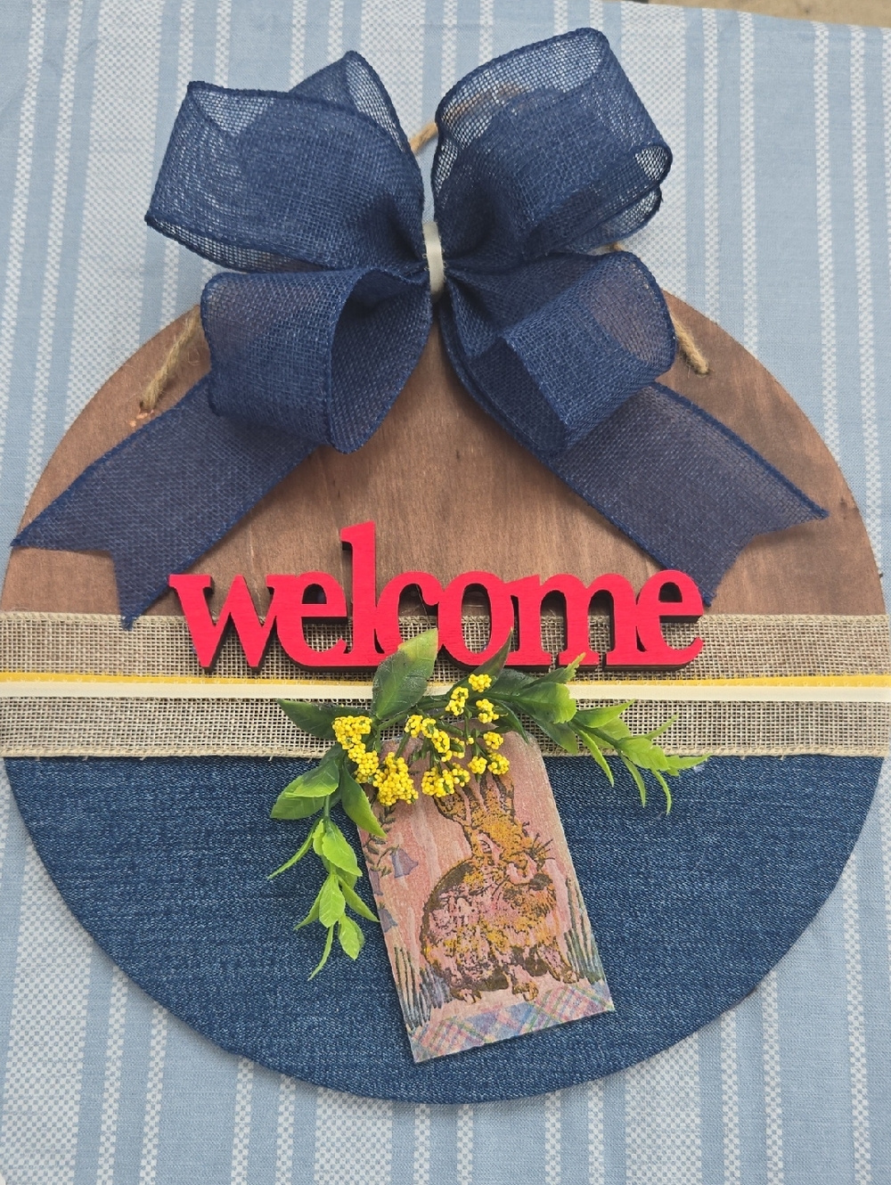 Welcome Round Door Sign with Navy Bow and Red Accent